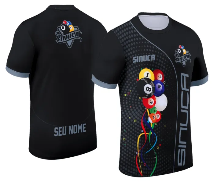 Camiseta unissex preta com logo no peito e estampa grande nas costas inspirada em Sinuca Snook Bilhar Modelo 015, ideal para fãs do esporte e estilo moderno.