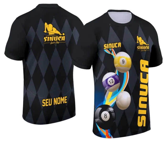 Camiseta unissex preta com logo no peito e estampa grande nas costas mostrando design de sinuca e bilhar, ideal para fãs do Snook.