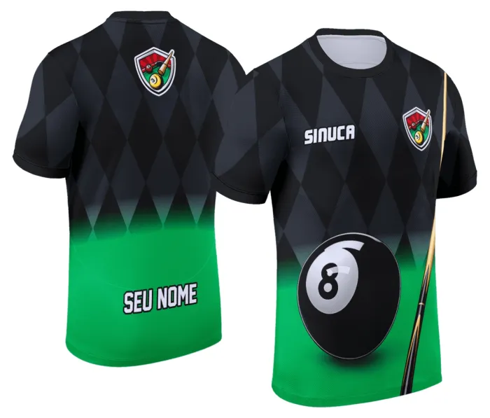 Camiseta unissex preta com logo no peito e estampa grande nas costas mostrando tema de sinuca Snook Bilhar Modelo 017, ideal para fãs de jogos, estilo moderno e casual.