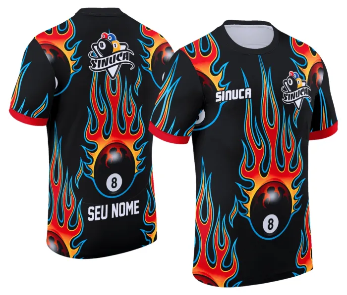 Camiseta unissex preta com logo no peito e estampa grande nas costas mostrando estilo Sinuca Snook Bilhar Modelo 019, ideal para fãs do esporte e visual moderno.