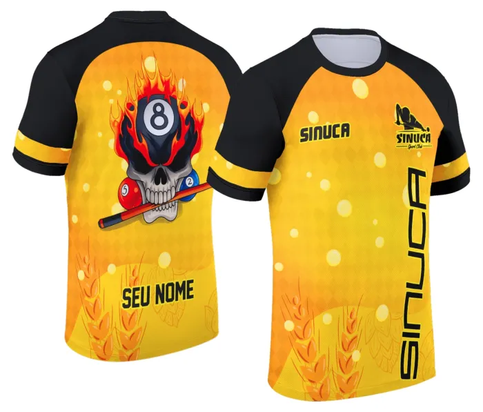Camiseta unissex preta com logo no peito e estampa grande nas costas mostrando tema de sinuca Snook Bilhar, ideal para fãs do jogo e estilos descolados.