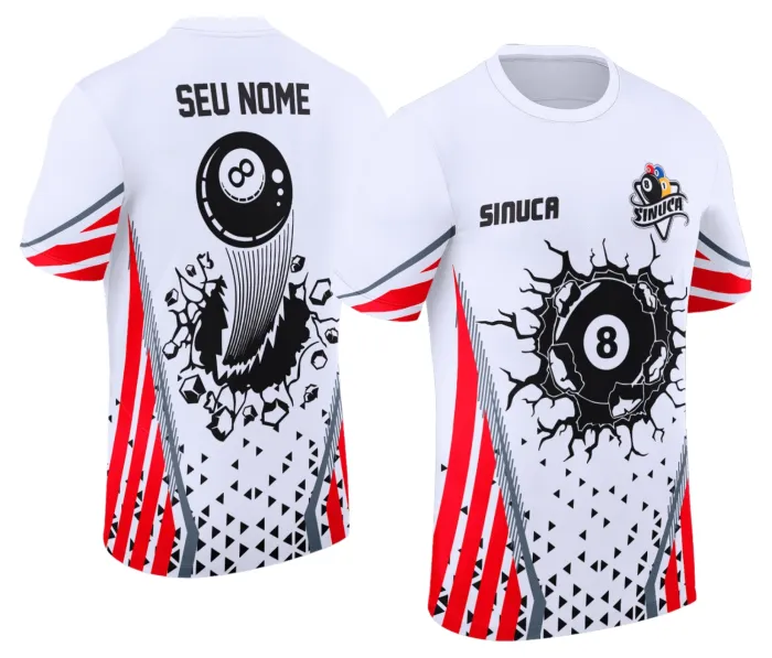 Camiseta unissex preta com logo no peito e estampa grande nas costas com tema de sinuca Snook Bilhar Modelo 021, estilo moderno e despojado, perfeita para fãs do esporte.