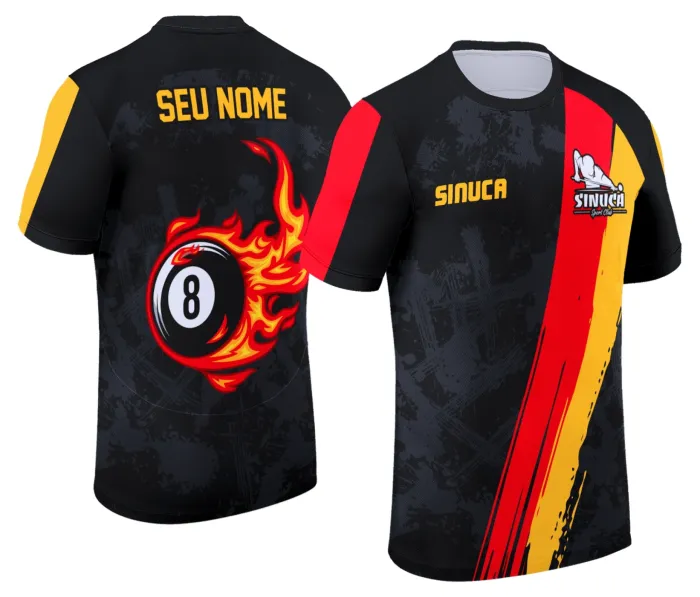 Camiseta unissex preta com logo no peito e estampa grande nas costas, temática de sinuca Snook Bilhar Modelo 022, perfeita para fãs do jogo.