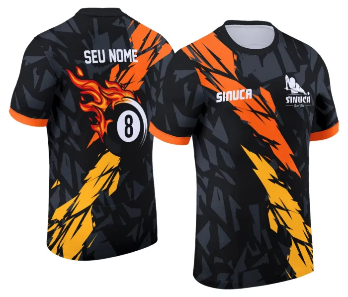 Camiseta unissex preta com logo no peito e estampa grande nas costas de sinuca Snook bilhar Modelo 023, perfeita para fãs do esporte e estilo descontraído.