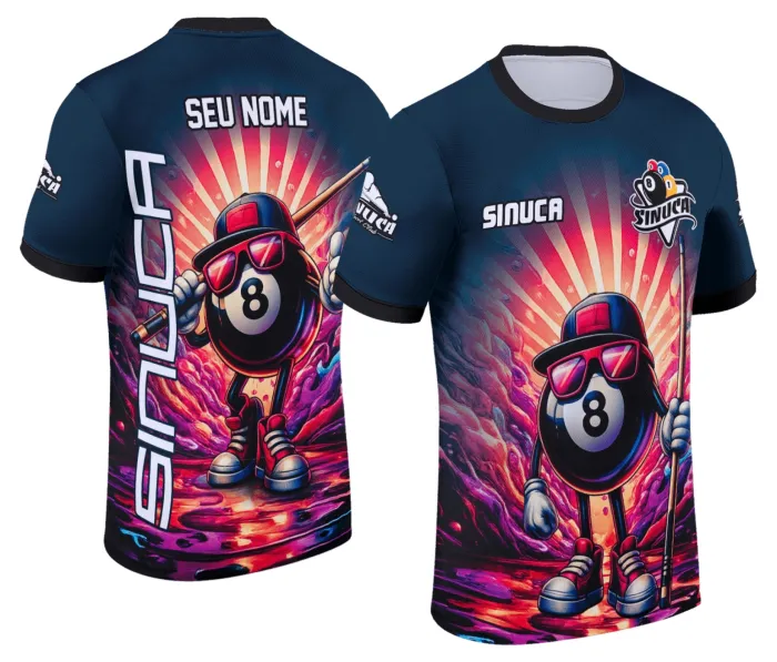 Camiseta unissex preta com logo no peito e estampa grande nas costas com design de sinuca, modelo Snook Bilhar 025, ideal para quem ama esse esporte e estilo moderno.
