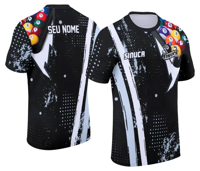Camiseta unissex preta com logo no peito e estampa grande nas costas com tema Sinuca Snook Bilhar, destacando visual moderno e estiloso para fãs do jogo.