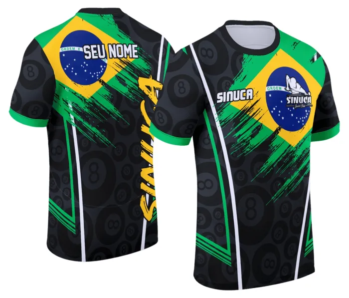 Camiseta unissex preta com logo no peito e estampa grande nas costas, tema sinuca Snook Bilhar Modelo 028, estilo casual confortável para fãs de bilhar.