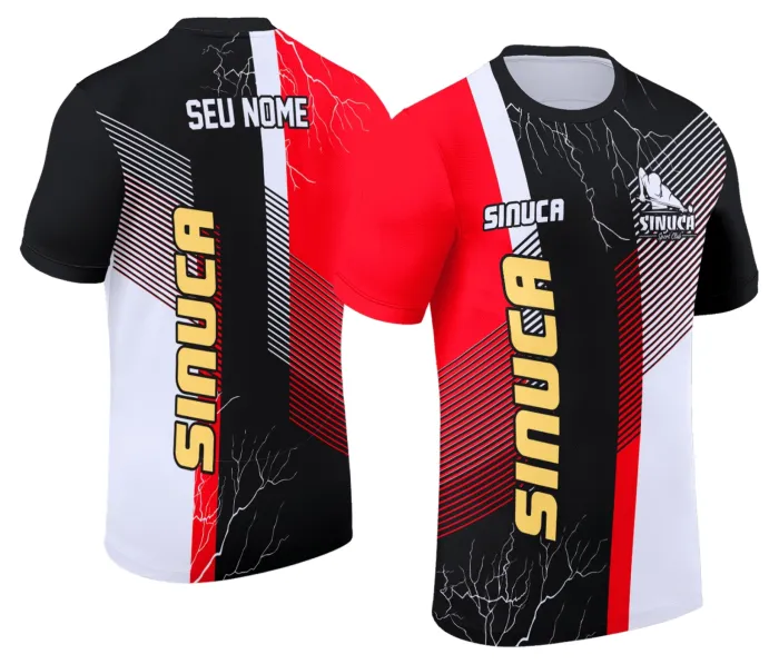 Camiseta unissex preta com logo no peito e estampa grande nas costas mostrando tema de Sinuca Snook Bilhar, ideal para apaixonados pelo esporte e estilo despojado.