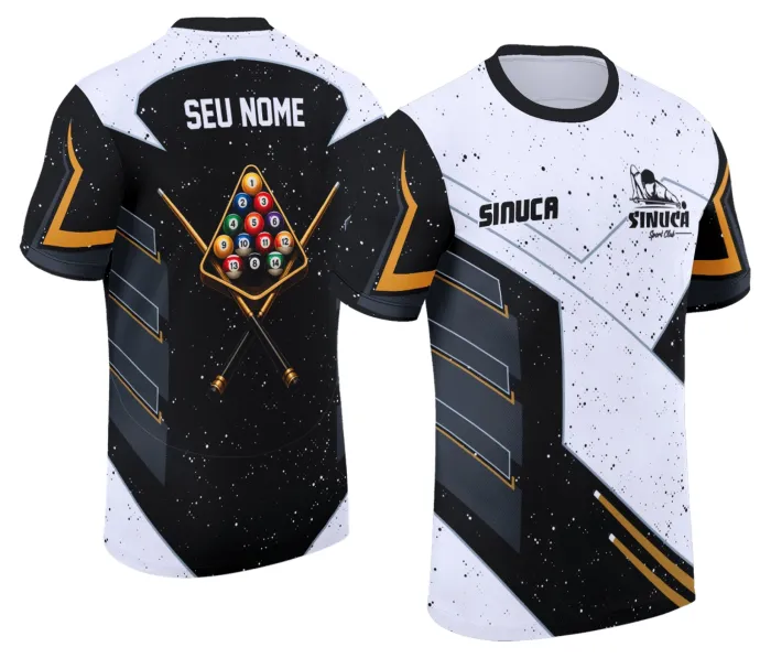 Camiseta unissex preta com logo no peito e estampa grande nas costas destacando o tema de sinuca Snook Bilhar, ideal para fãs do esporte.