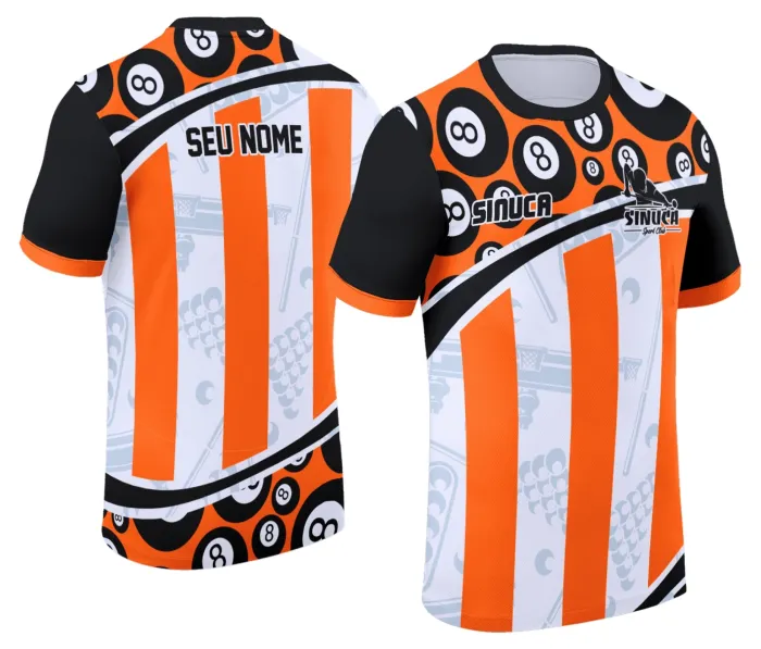 Camiseta unissex preta com logo no peito e estampa grande nas costas de sinuca Snook Bilhar Modelo 032, design moderno e esportivo para fãs do jogo.