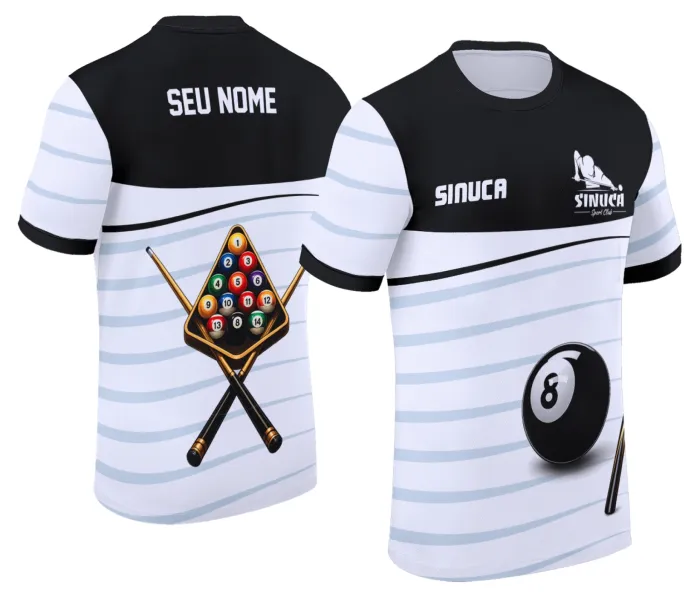 Camiseta unissex preta com logo no peito e estampa grande nas costas de sinuca Snook Bilhar Modelo 033, estilo moderno e despojado para fãs do jogo.