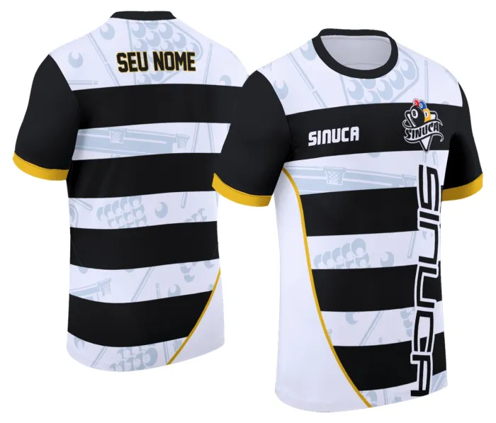 Camiseta unissex preta com logo no peito e estampa grande nas costas, tema sinuca Snook bilhar, estilo moderno e descolado, ideal para fãs do esporte.