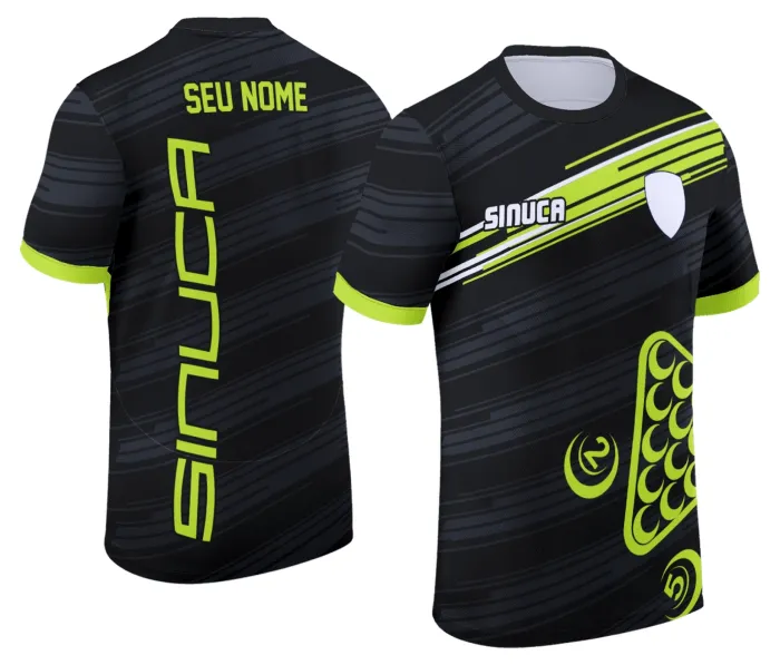 Camiseta unissex preta com logo no peito e estampa grande nas costas com tema sinuca snook bilhar, perfeita para fãs do esporte e estilo casual.