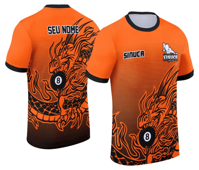 Camiseta unissex preta com logo no peito e estampa grande nas costas com tema de sinuca Snook Bilhar, ideal para amantes do esporte e estilo despojado.