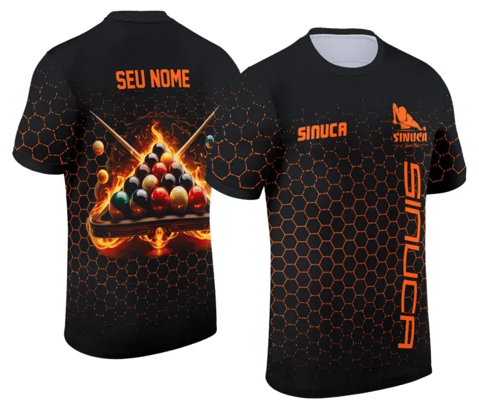 Camiseta unissex preta com logo no peito e estampa grande nas costas mostrando sinuca Snook Bilhar Modelo 037, ideal para fãs do esporte e estilo casual.