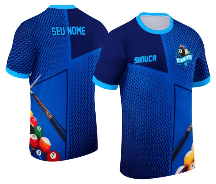 Camiseta unissex preta com logo no peito e estampa grande nas costas de sinuca Snook Bilhar Modelo 038, ideal para amantes do jogo com visual moderno e descontraído.