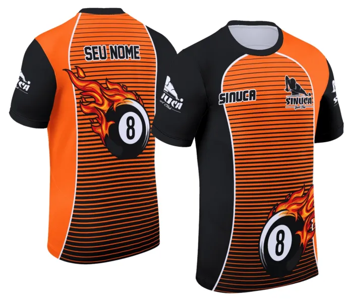 Camiseta unissex preta com logo no peito e estampa grande nas costas mostrando temática de sinuca, snook e bilhar, ideal para amantes do esporte.