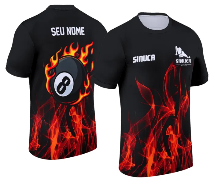 Camiseta unissex preta com logo no peito e estampa grande nas costas mostrando design de sinuca Snook Bilhar Modelo 041, ideal para apaixonados pelo esporte.