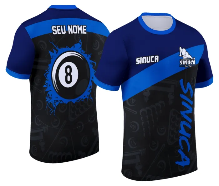 Foto da camiseta unissex preta com logo no peito e estampa grande nas costas do tema Camisa Personalizada de Sinuca Snook Bilhar Modelo 042, perfeita para fãs de bilhar e jogos de sinuca.