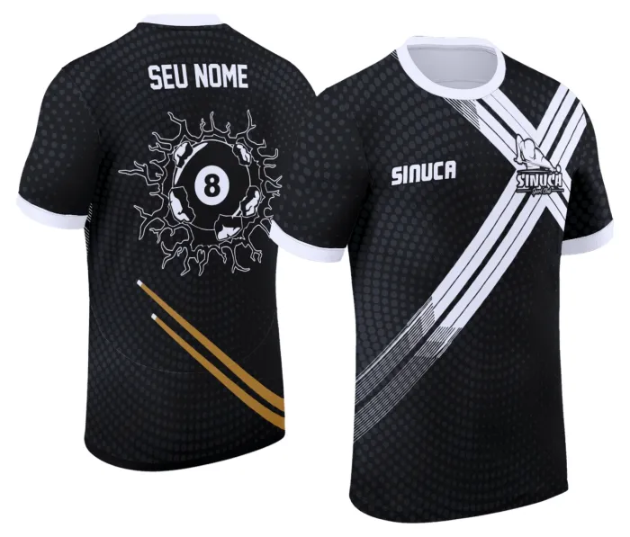 Camiseta unissex preta com logo no peito e estampa grande nas costas com tema personalizado de sinuca Snook Bilhar Modelo 043, ideal para fãs do esporte e estilo moderno.