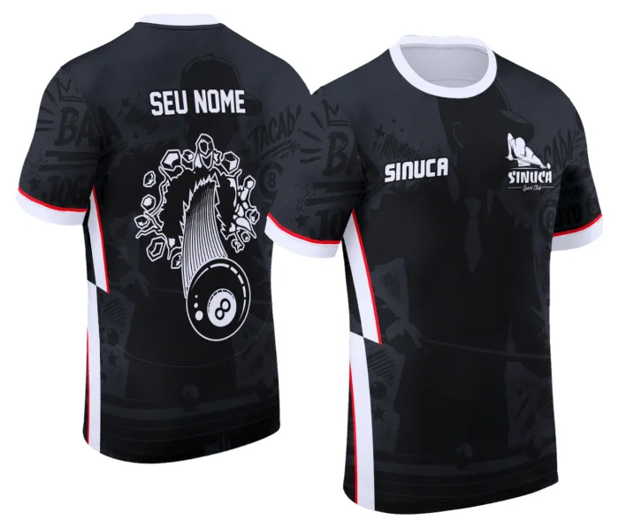Camiseta unissex preta com logo no peito e estampa grande nas costas que destaca o tema personalizado de sinuca Snook Bilhar modelo 044, perfeita para fãs do esporte.
