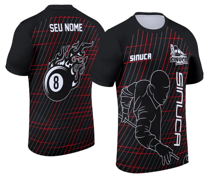 Camiseta unissex preta com logo no peito e estampa grande nas costas sobre sinuca e bilhar, ideal para fãs de snooker em estilo moderno e casual.