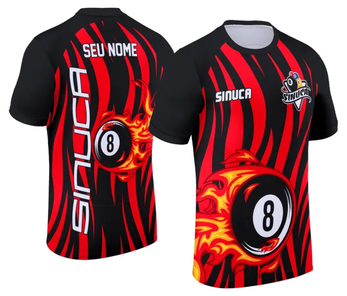 Camiseta unissex preta com logo no peito e estampa grande nas costas com tema de sinuca, snook e bilhar, perfeita para fãs do esporte bilhar e estilo despojado.