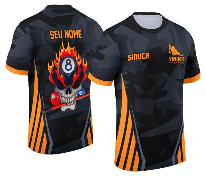 Camiseta unissex preta com logo no peito e estampa grande nas costas mostrando tema de sinuca Snook e bilhar, ideal para fãs do esporte e estilo casual moderno