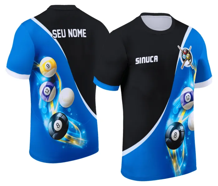Camiseta unissex preta com logo no peito e estampa grande nas costas destacando o tema Sinuca Snook Bilhar, perfeita para fãs do esporte com estilo moderno e confortável