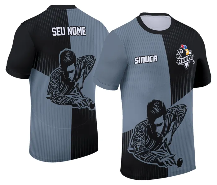 Camiseta preta unissex com logo no peito e estampa grande nas costas mostrando tema de sinuca Snook Bilhar Modelo 049, perfeita para fãs de sinuca e estilo despojado.