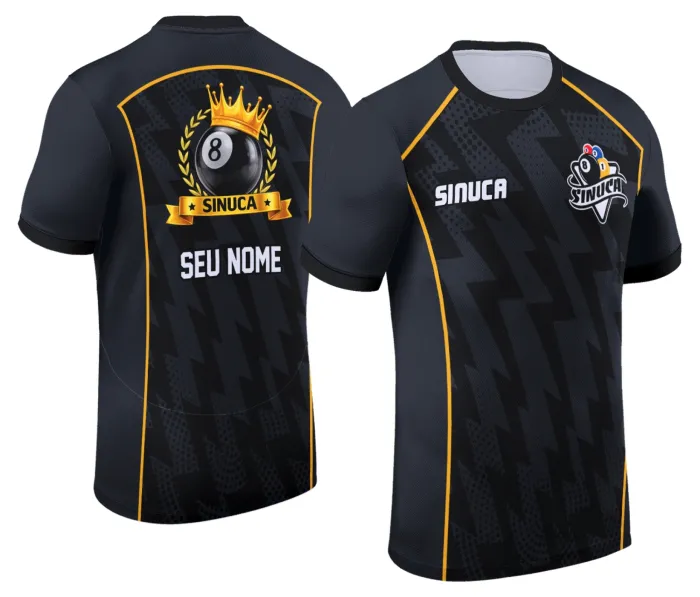 Camiseta unissex preta com logo no peito e estampa grande nas costas com tema de sinuca Snook Bilhar, perfeita para fãs e jogadores, estilo casual e moderno.