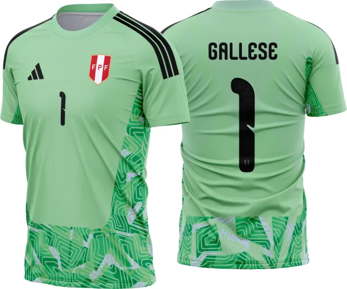 Camiseta unissex preta com logo no peito e estampa grande nas costas inspirada na camisa do goleiro do Peru 2026-2028, ideal para fãs do futebol em design moderno e marcante.