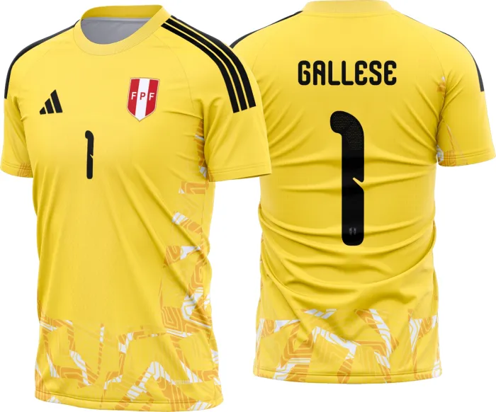 Camiseta unissex preta com logo no peito e estampa grande nas costas inspirada na camisa do goleiro do Peru 2026-2028, ideal para fãs do futebol em design moderno e marcante.