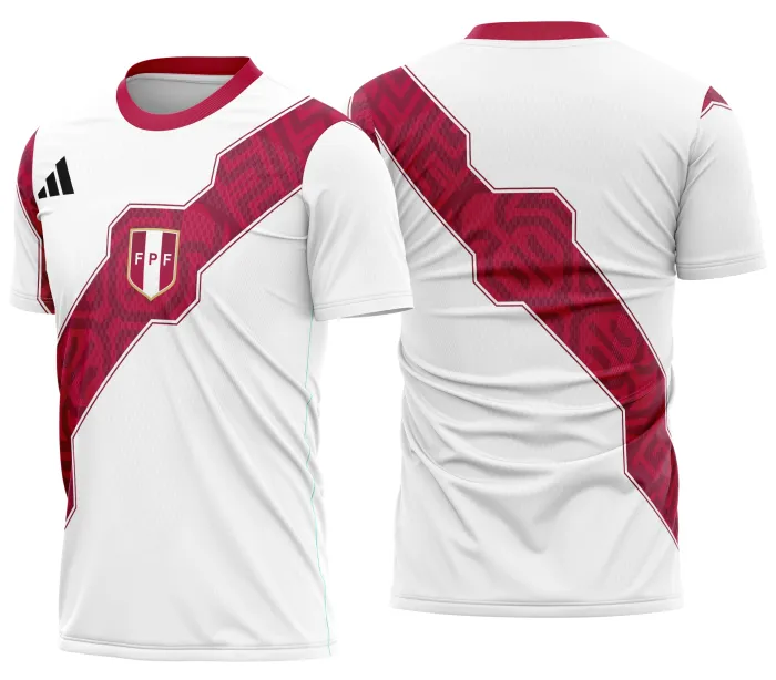 Camiseta unissex branca com logo no peito e estampa grande nas costas do kit Casa 2026 do Peru, destacando cores vibrantes e design esportivo, perfeita para fãs e colecionadores.