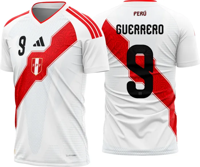 Foto de camiseta unissex branca com logo no peito e estampa grande nas costas inspirada no design da camisa Peru Titular para 2026-2028.