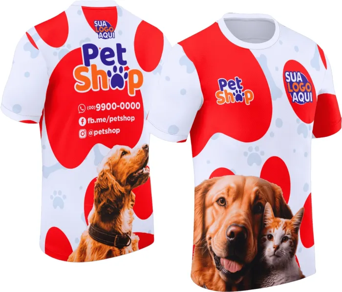 Camiseta unissex preta com logo no peito e estampa grande nas costas, tema Pet Shop, design moderno e atraente para amantes de animais.