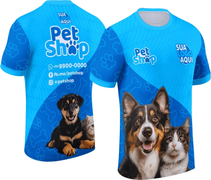 Camiseta unissex preta com logo no peito e estampa grande nas costas, temática Pet Shop, design moderno e descontraído, ideal para amantes de animais.
