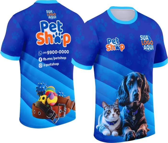 Camiseta unissex preta com logo no peito e estampa grande nas costas do tema Pet Shop Modelo 006, mostrando estilo moderno e confortável para amantes de animais.