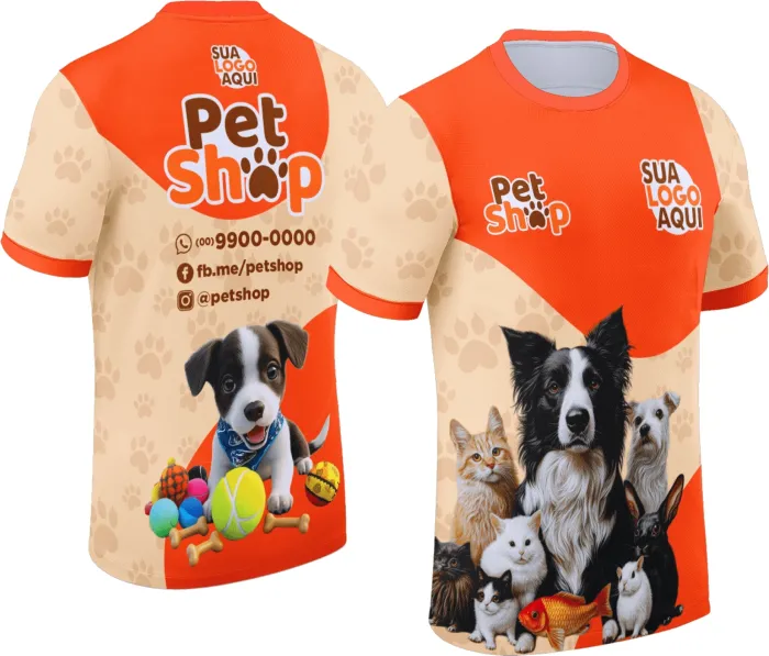 Camiseta unissex preta com logo no peito e estampa grande nas costas, temática Pet Shop Modelo 008, visual moderno e descolado para amantes de pets.