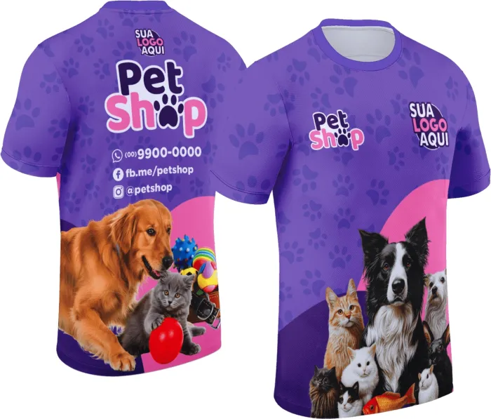 Camiseta unissex preta com logo no peito e estampa grande nas costas com tema Pet Shop, mostrando design moderno e vibrante para amantes de pets.