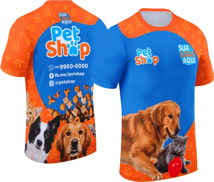 Camiseta unissex preta com logo no peito e estampa grande nas costas com tema Pet Shop, ideal para quem ama seus pets e quer estilo moderno e confortável.