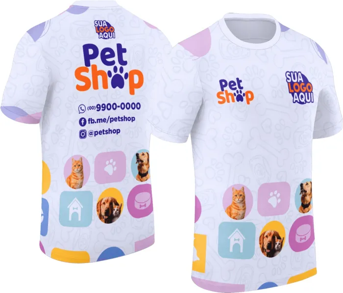 Camiseta unissex branca com logo no peito e estampa grande nas costas mostrando tema Pet Shop Modelo 017, ideal para quem ama cuidar dos pets com estilo.