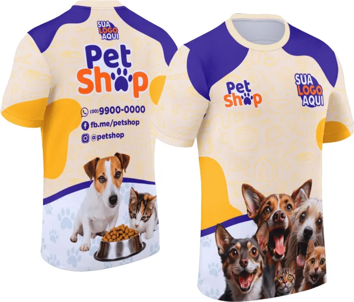 Camiseta unissex preta com logo no peito e estampa grande nas costas, tema Pet Shop, ideal para amantes de pets com estilo moderno e casual.