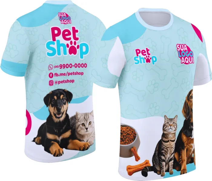 Camiseta unissex branca com logo no peito e estampa grande nas costas, tema Pet Shop Modelo 021, ideal para quem ama pets e estilo despojado