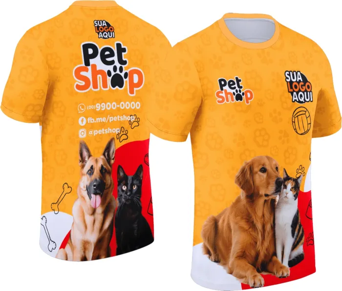 Camiseta unissex preta com logo no peito e estampa grande nas costas, tema Pet Shop Modelo 022, visual moderno e confortável para uso diário.