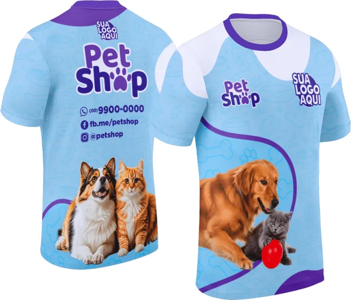 Camiseta unissex preta com logo no peito e estampa grande nas costas, mostrando design exclusivo de Pet Shop Modelo 024 ideal para quem ama animais.