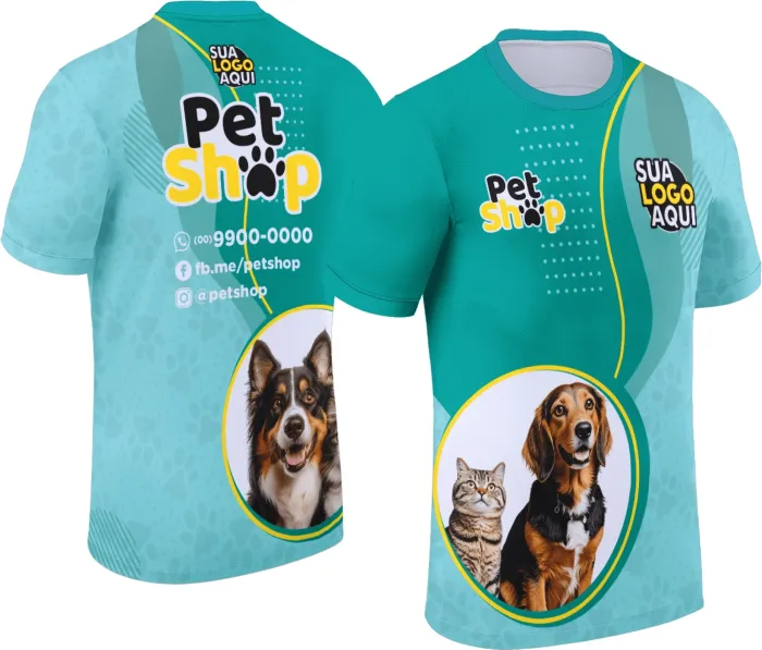 Camiseta unissex com base preta, logo no peito e estampa grande nas costas com tema Pet Shop, perfeita para uso casual e amantes de animais.