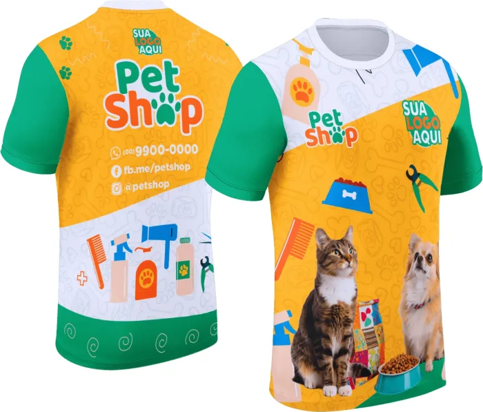 Camiseta unissex preta com logo no peito e estampa grande nas costas com tema Pet Shop Modelo 028, design moderno e atraente para amantes de pets.