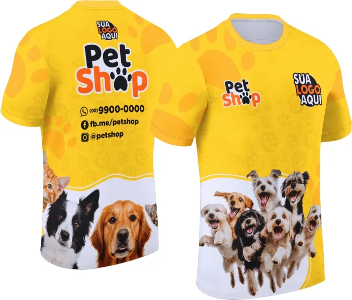 Camiseta unissex preta com logo no peito e estampa grande nas costas inspirada em Pet Shop Modelo 029, perfeita para amantes de pets, confortável e estilosa.