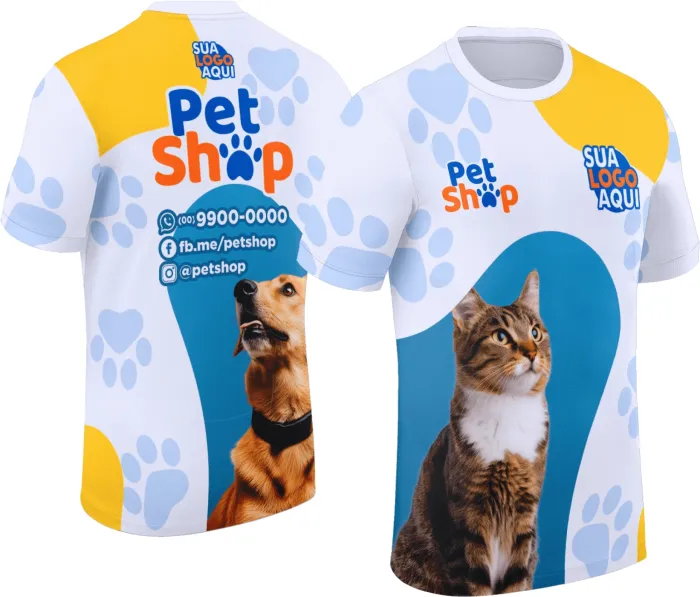 Camiseta unissex branca com logo no peito e estampa grande nas costas com tema Pet Shop Modelo 030, perfeita para quem ama animais e quer um visual moderno e confortável.